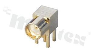 Złącze MMCX; żeńskie; kątowe; do druku; 50 Ohm; kołek złocony Au 30u"; izolator teflon; korpus złocony