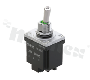 Screw terminal toggle switch; 3-position (ON)-OFF-(ON); DPDT; 23.5 x 29.4mm; screw terminal connection; round metal lever; 16A/250V; IP67; UL 61058-1.