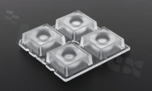 Lens for LED high power; angle: 48 to 73 degrees FWHM; Number of LEDs: 4; Dimensions: 50x50mm; Height: 8.5mm; meterial: PMMA; Fastening: pin; screw