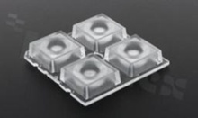 Soczewka do diod LED high power; kąt rozsyłu: 48 do 73 stopni FWHM; ilość diod: 4; rozmiar: 50x50mm; wysokość: 8.5mm; rodzaj materiału: PMMA; sposób mocowania: kołek; śruby