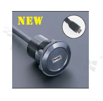 Gniazdo MicroUSB2.0; żeńskie; otwór montażowy 22mm; podłączenie na wtyk MicroUSB2.0 męski; długosć przewodu 60cm; korpus czarny; stop aluminium.