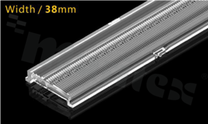 Lens for LED mid power; angle: asymmetric; Number of LEDs: optyka liniowa; Dimensions: 1176x38mm; Height: 7.5mm; material: PC; Fastening: clips