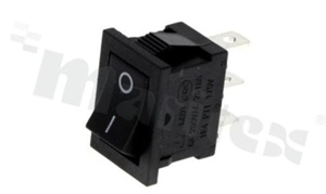 Minature Rocker Switch; 1-pole; 2 positions; 21x12.6mm; pin terminals; black button; 6A/250V