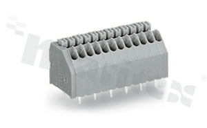Listwa zaciskowa do PCB; w rastrze 2.50mm; 5-torowa; skośne wejście przewodu; na przewód 0.14-0.50mm2 (24-20 AWG); ze stykiem sprężynowym; szara; UL: 300V/5A