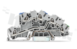 Złączka instalacyjna; 3-poziomowa; przelotowa; 5-zaciskowa na przewód 0.25-4.0mm2 (22-12AWG); ze stykiem sprężynowym; szara; na szynę DIN; 400V/24A