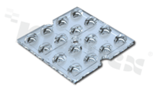 Lens for LED mid power; angle: oval 102 x 33 degrees ; Number of LEDs: 16; Dimensions: 49.5x49.5mm; Height: 6.2mm; material: PMMA; Fastening: screw