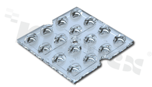 Lens for LED mid power; angle: oval 102 x 33 degrees ; Number of LEDs: 16; Dimensions: 49.5x49.5mm; Height: 6.2mm; material: PMMA; Fastening: screw