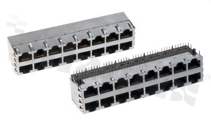 Listwa dwurzędowa; 2x8 gniazd RJ45; ekranowane; 8-stykowe; montaż: THT; kątowe; gabaryt 8; grubość pokrycia 6u" Au