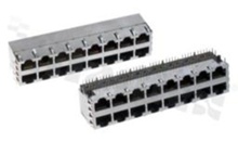 Stacked modular jacks; 2 row 2x8 jacks RJ45; shielded; 8-contacts, THT; side entry; size 8; 6u" Au
