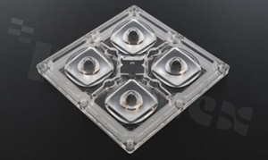 Lens for LED high power; angle: 148 to 152 degrees FWHM; Number of LEDs: 4; Dimensions: 90x90mm; Height: 13.1mm; meterial: PMMA; silicone; Fastening: screw