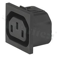Gniazdo zasilające AC IEC 60320 F, klasa ochronności I; montaż: do panela 1,2mm, zatrzaskowe; wyprowadzenia do PCB; kolor czarny; IP40; 10A, 250VAC