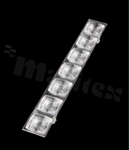 Soczewka do diod LED mid power; kąt rozsyłu: ok. 60 stopni FWHM; ilość diod: 7; wymiary: 280x36mm; wysokość: 13.4 mm; rodzaj materiału: PMMA; kolor: clear