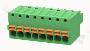 Pluggable terminal block; 3.50mm pitch; 8-ways; female; for wire 1.50mm2 (28-16AWG); wire insertion direction same as plug-in direction; p.bronze contacts; spring clamp; brass cage; UL 300/8A TUV 250/12A