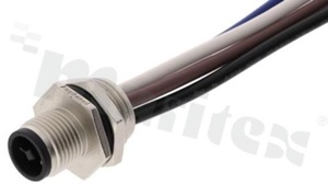 Gniazdo M12; kodowanie T; 4-stykowe; męskie; 12A; na panel; nakrętka z tyłu; z przewodem o długości 15cm; IP68