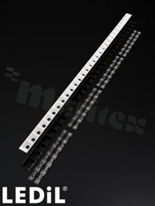 Lens for LED mid power; angle: 50 to 66 degrees FWHM; Number of LEDs: 14; Dimensions: 280x40mm; Height: 20.3mm; meterial: PMMA; Fastening: pin; screw; clips