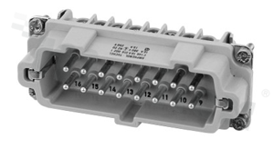 Wkład z serii C146 E; męski; 16+PE piny; skręcane; 19A; 500V; przewód 0.5-4 mm2; z ochroną kabla; styki srebrzone