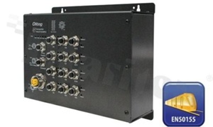 EN50155 12-port managed Gigabit Ethernet switch with 12x10/100/1000Base-T(X); M12 connector and 2xbypass included; oper. temp.: operating temperature -40+70 deg.C; supply 12...48VDC