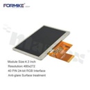 <b>Wyświetlacz TFT 4.3" , cyfrowy,rezystancyjny panel dotykowy</b>, 480xRGBx272 pikseli, podświetlenie białe LED,12:00, pow aktywna: 95,04 x 53,86 mm, wymiary: 105,5 x 67,2 x 4,2 mm, 40 pinów , kontrast: 500:1,