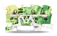 Installation terminal block; 1-level; through; 3-contacts for wire 0.5-10.0mm2 (20-8AWG); spring-loaded; yellow-green; for DIN rail