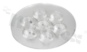 Lens for LED high power; angle: 25 degrees ; Number of LEDs: 7; Dimensions: round 50.3mm; Height: 10.7mm; material: PMMA; PC; Fastening: glue