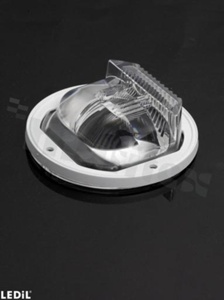 Soczewka do diod LED COB; kąt rozsyłu: asymetryczny ; ilość diod: 1; rozmiar: okrąg 90mm; wysokość: 27mm; rodzaj materiału: silikon; sposób mocowania: gniazdo