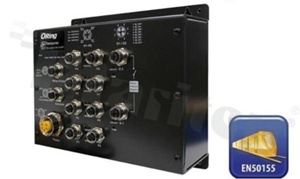 EN50155 10-port managed PoE Ethernet switch with 8x10/100Base-T(X) P.S.E. and 2x10/100/1000Base-T(X); 1x bypass included