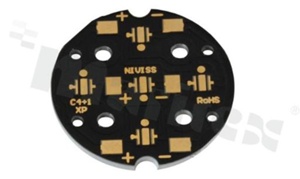 MCPCB, thermal conductivity 1.5W/(m*K), thickness: 1.6mm, number of layers - 1, black soldermask, legend color: gold, size: diameter 36mm, pad cover: gold; for XP leds, /10