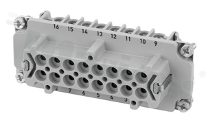 Female insert; Heavy-Mate E series; 16 pins(16+PE); size: E16; 19A; 500V; wire 0.5-4mm2; contacts plating: silver plated; screw; with wire protection