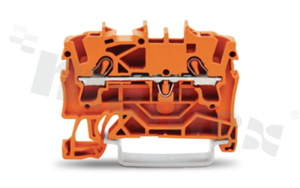 Złączka instalacyjna; 1-poziomowa; przelotowa; 2-zaciskowa na przewód 0.25-4.0mm2 (22-12AWG); ze stykiem sprężynowym; pomarańczowa; na szynę DIN; 600V/20A