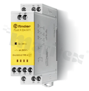 Przekaźnik bezpieczeństwa; wymuszone przełączanie; 4 zestyki (2Z + 1R + 1 pomocniczy); 6A/250VAC; napięcie cewki 24VDC; moc cewki 1.7W; -40÷70°C; IP20; zaciski śrubowe; na szynę DIN 