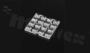 Lens for LED mid power; angle: asymmetric; Number of LEDs: 16; Dimensions: 50x50mm; Height: 5.3mm; meterial: PMMA; Fastening: pin; screw