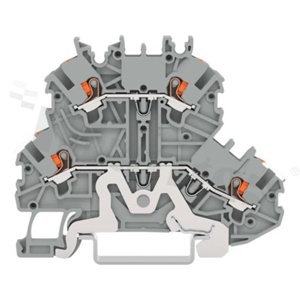 Złączka instalacyjna; 2-poziomowa;do ekranu/ przelotowa;ekranowana; przyciski; 4-zaciskowa na przewód 0.14-1.5mm2 (24-16AWG); ze stykiem sprężynowym; szara; na szynę DIN; 300V/10A