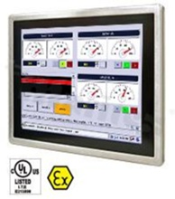 Monitor 15''; ATEX Zone 2 EX; FULL IP65; MIL-STD-810G; obud. stal szlach.; dotyk: RTP; 1024 x 768; kontrast 2000:1; jasność 550 nitów; kąty widzenia 176/176; zas 9-36V DC (M12); VGA(M12); 1 x COM (M12); temperatura pracy -20+50st.C; VESA