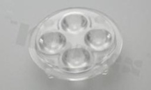 Soczewka do diod LED high power; kąt rozsyłu: 24 do 33 stopni FWHM; ilość diod: 4; rozmiar: okrąg 35mm; wysokość: 9mm; rodzaj materiału: PMMA; sposób mocowania: klej; kołek
