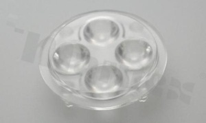 Lens for LED high power; angle: 24 to 33 degrees FWHM; Number of LEDs: 4; Dimensions: round 35mm; Height: 9mm; meterial: PMMA; Fastening: glue; pin
