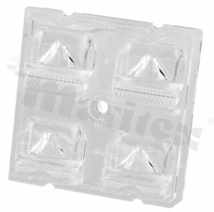 Lens for LED high power; angle: asymmetric; Number of LEDs: 4; Dimensions: 50x50mm; Height: 10.2mm; meterial: PMMA; Fastening: screw