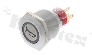 Push button switch; monostable; 22mm; solder terminals; stainless steel; blue ring and horn simbol illumination; IP65.
