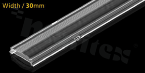 Lens for LED mid power; angle: asymmetric; Number of LEDs: optyka liniowa; Dimensions: 1176x30mm; Height: 9.3mm; material: PC; Fastening: clips