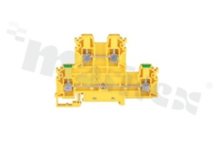 Złączka szynowa ochronna; 2-poziomowa; 4 zaciskowa na przewód 0,5-4mm2; zacisk śrubowy; na szyne DIN; 1000V/32A