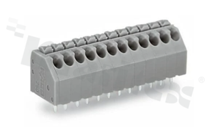 Listwa zaciskowa do PCB; w rastrze 3.50mm; 6-torowa; skośne wejście przewodu; na przewód 0.20-1.50mm2 (24-16 AWG); ze stykiem sprężynowym; szara; UL: 300V/5A