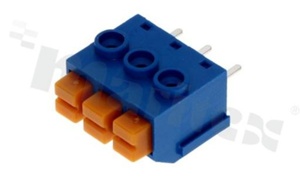 Listwa zaciskowa do PCB; w rastrze 5.00mm; 3-torowa; poziome wejście przewodu; na przewód 1.00mm2( 22-18 AWG); niebieska; ze stykiem sprężynowym; UL 300V/8A