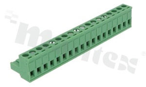 Listwa zaciskowa rozłączalna; w rastrze 5.08mm; 18-torowa; żeńska; na przewód 2.5mm2 (28-12AWG); kierunek wtykania równoległy do osi przewodu; styki z fosforobrązu; mosiężna klatka przewodu; UL 300V/15A