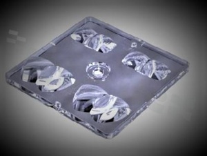 Lens for LED high power; angle: oval 150 x 110 degrees ; Number of LEDs: 4; Dimensions: 50x50mm; Height: 7.72mm; material: PMMA; Fastening: screw