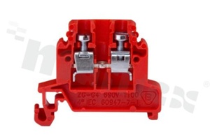 Złączka szynowa ; 1-poziomowa; 2-zaciskowa na przewód 0,5-4,0mm2; zacisk śrubowy; czerwona; na szyne DIN; 690V/32A