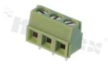 Listwa zaciskowa do PCB; w rastrze 5.00mm; 3-torowa; pionowa; na przewód 1.5mm2 (AWG 22-14); z ruchomą osłoną przewodu; ze śrubami na wkrętak płaski; klatka mosiężna; zielona; UL 300V/10A, TUV 250V/16A