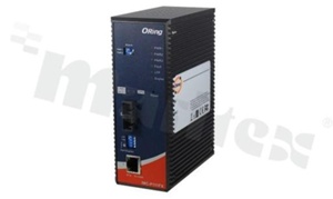 Industrial IEC 61850-3 Ethernet to fiber media converter with 1x10/100Base-T(X) M12 connector and 1x100Base-FX; SFP; EU; operating temperature -40+85 deg.C; supply 100...240VAC; DIN rail mountable