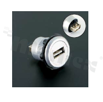 Gniazdo USB2.0; męskie; otwór montażowy 22mm; podłączenie na wtyk USB2.0 męski; korpus srebrny; plastik.