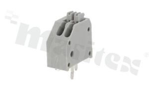 Listwa zaciskowa do PCB; w rastrze 2.50mm; 2-torowa; skośne wejście przewodu; na przewód 0.2-05mm2 (24-20 AWG); ze stykiem sprężynowym; szara; UL 250V/2A, TUV 250V/2A