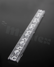 Lens for LED mid power; angle: asymmetric; Number of LEDs: 14; Dimensions: 279x29mm; Height: 13.6mm; meterial: PMMA; Fastening: snaps; clips