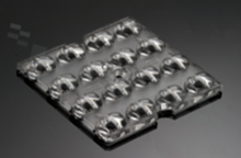 Lens for LED mid power; angle: asymmetric; Number of LEDs: 16; Dimensions: 50x50mm; Height: 4.3mm; meterial: PMMA; Fastening: pin; screw